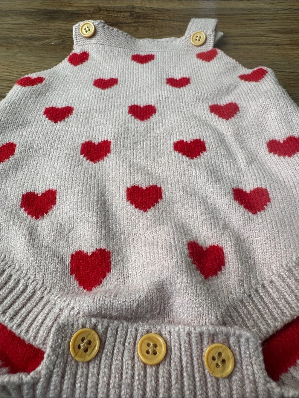Pink Knit Baby Romper with Red Heart Pattern